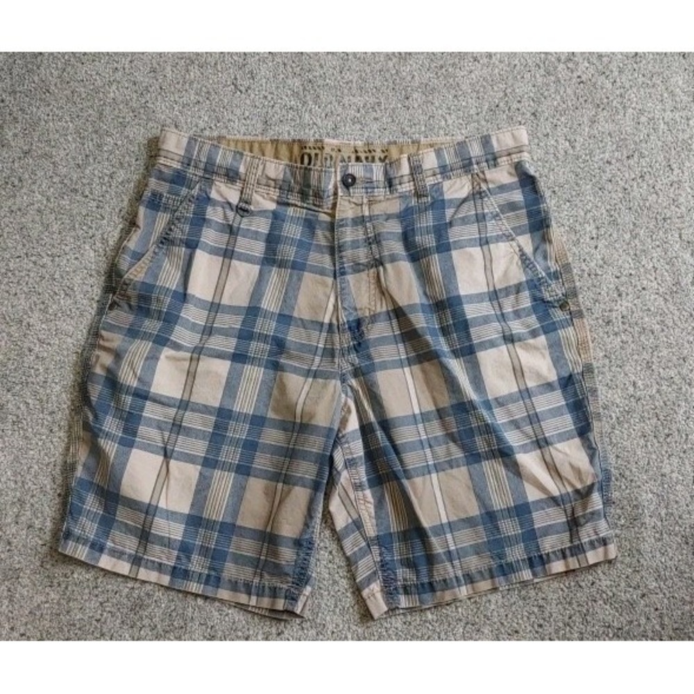 Old‎ Navy Y2K Plaid Chino Shorts Men's 33 Summer Flat Front Blue Beige Stripes